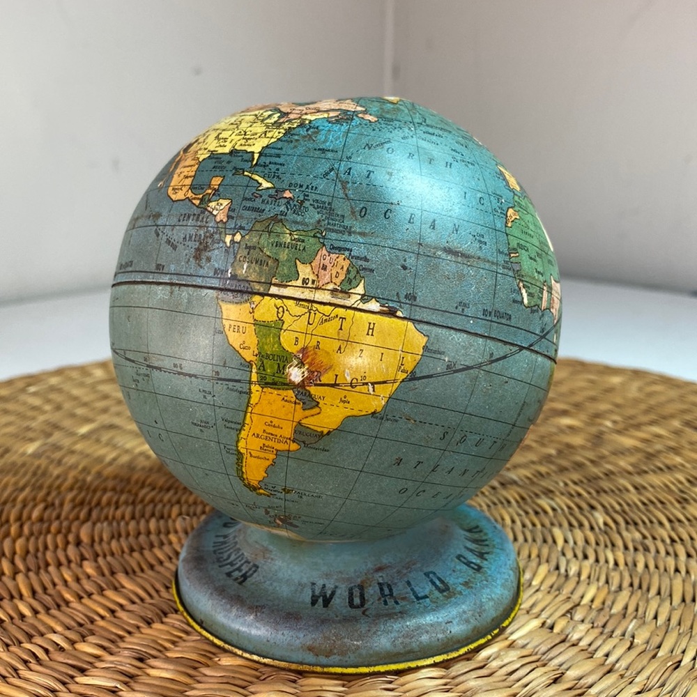 Ohio Art Tin Litho World Globe Bank Ohio Art "As You Save, So You Prosper" Metal